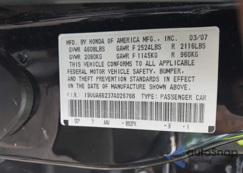 2007 Acura Tl 3.2 z USA, uszkodzony, nr VIN 19UUA66237A026768